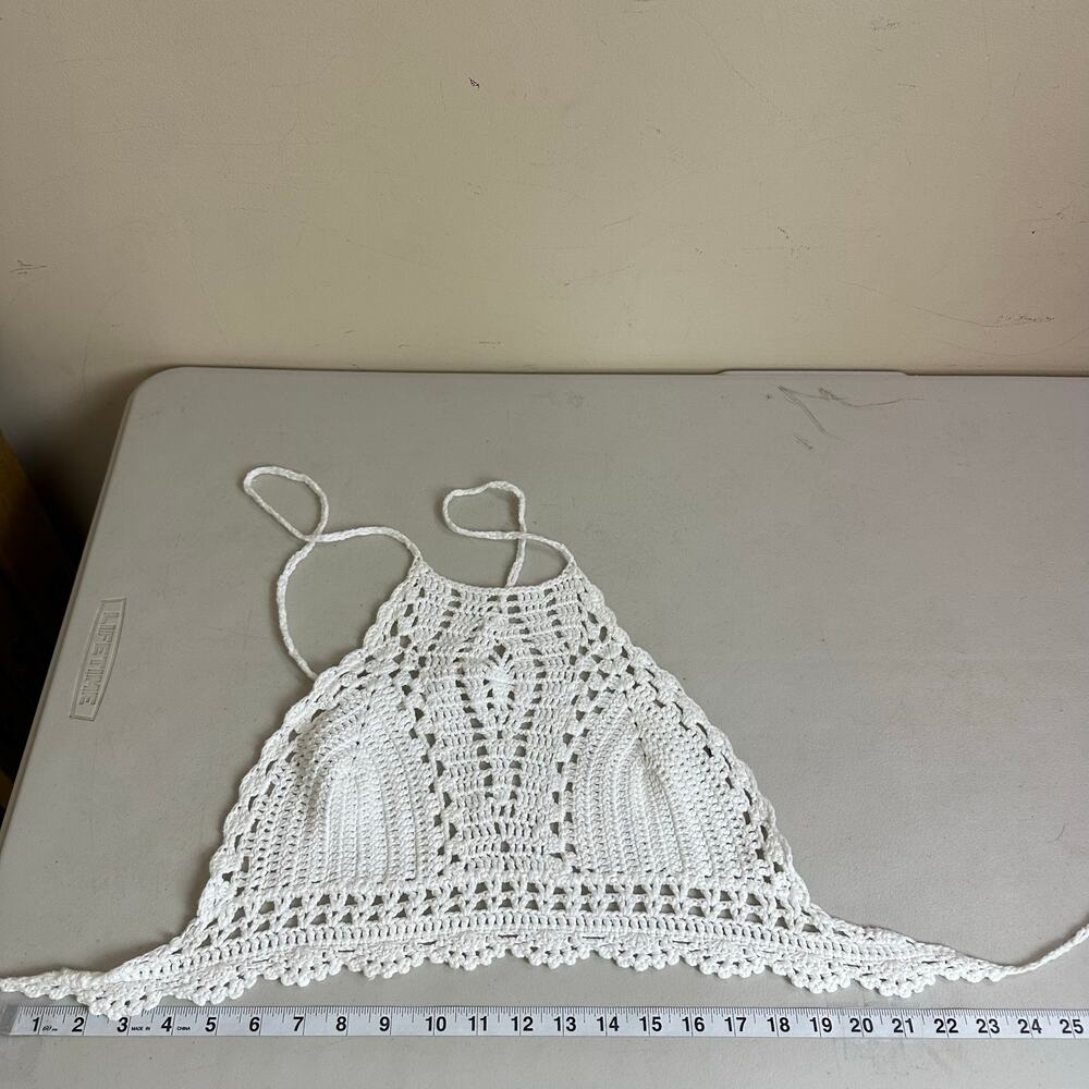 Womens White Crochet Knit Halter Top Boho Tie Back Festival Beach Knit Bralette - Picture 5 of 7
